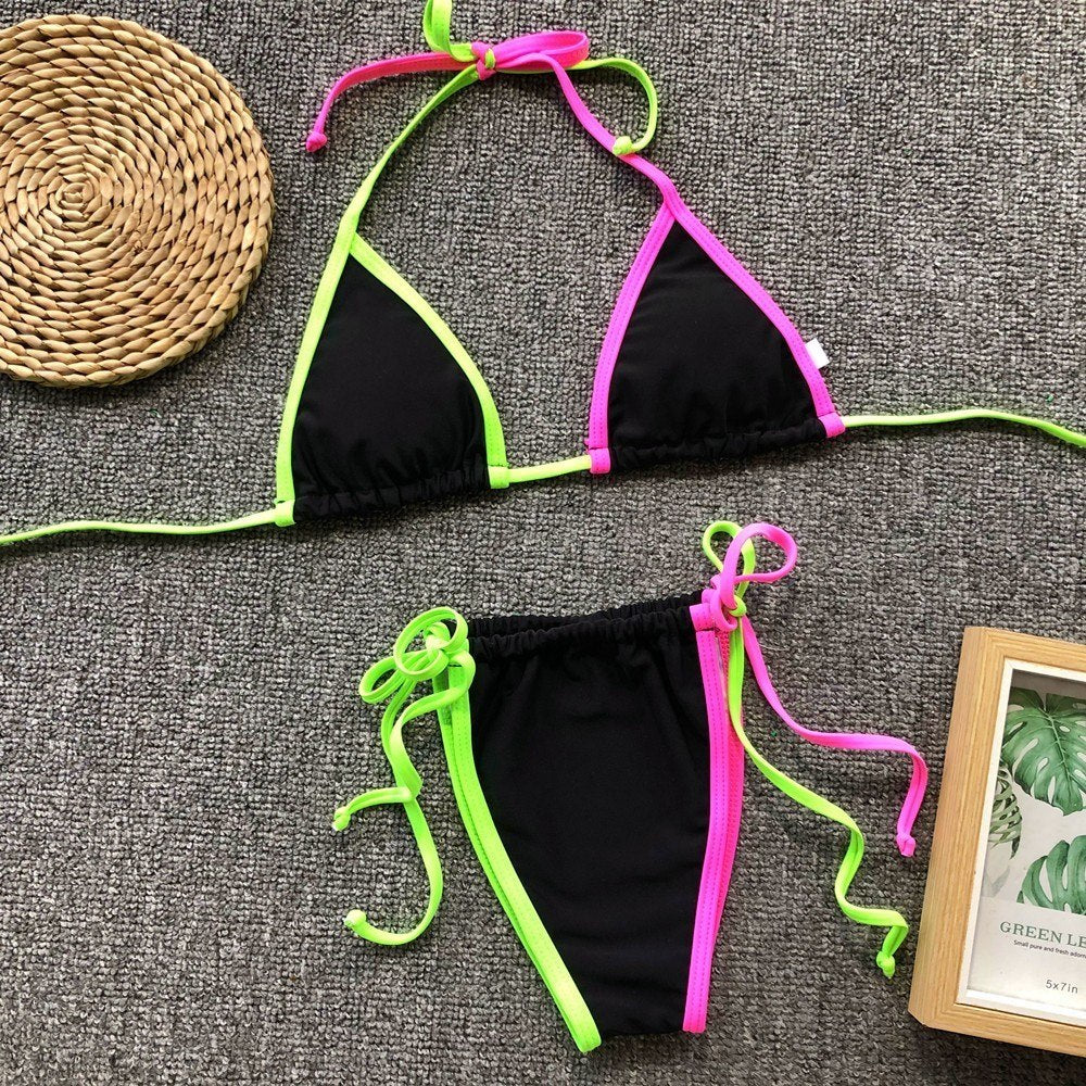 Halter V Neck Candy Color Bikini Sets