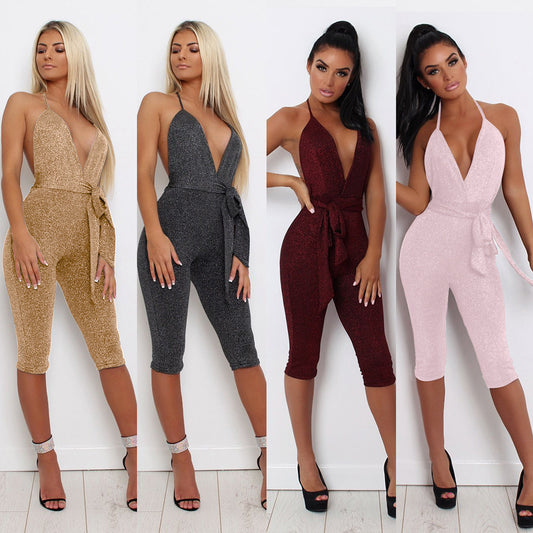 Sparkle Deep V Neck Sleeveless Rompers