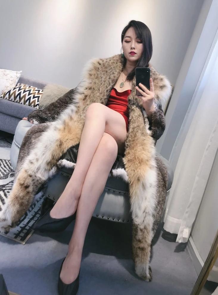 Mink Fur With Bobcat Fur Big Collar Maxi Coat