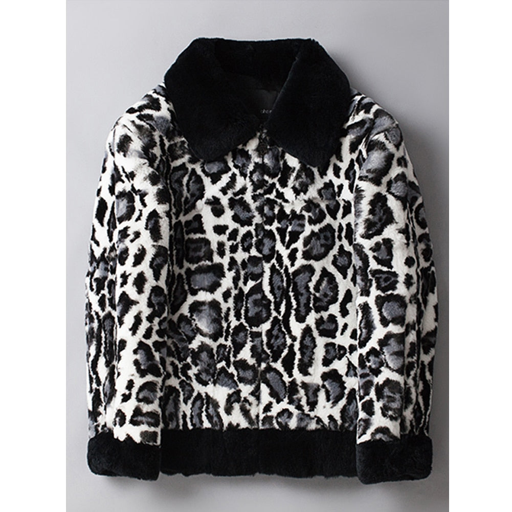 Leopard Print Real Rabbit Fur Coat