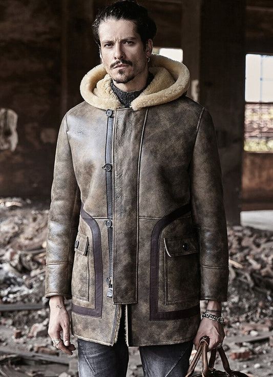 Genuine Leather Hooded Shearling Long Coat