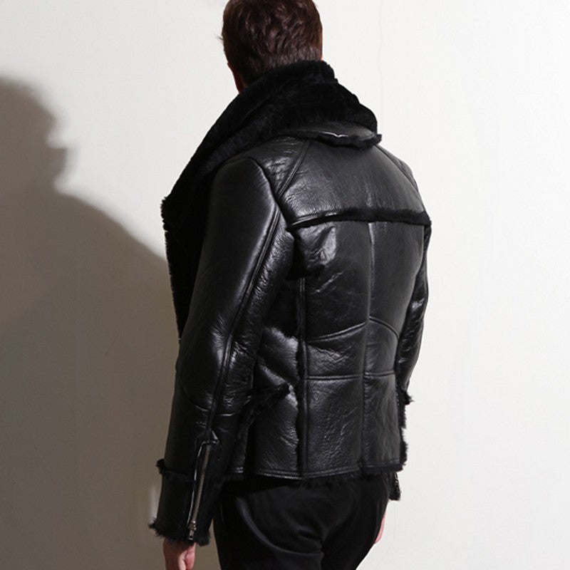 Black Genuine Leather Real Sherling Fur Lining Moto Jacket