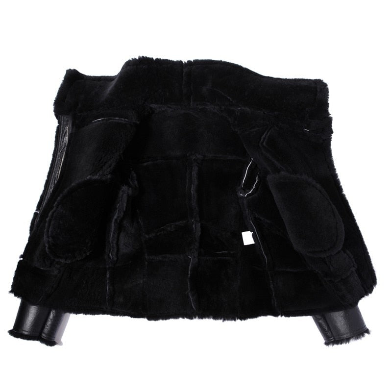 Black Genuine Leather Real Sherling Fur Lining Moto Jacket