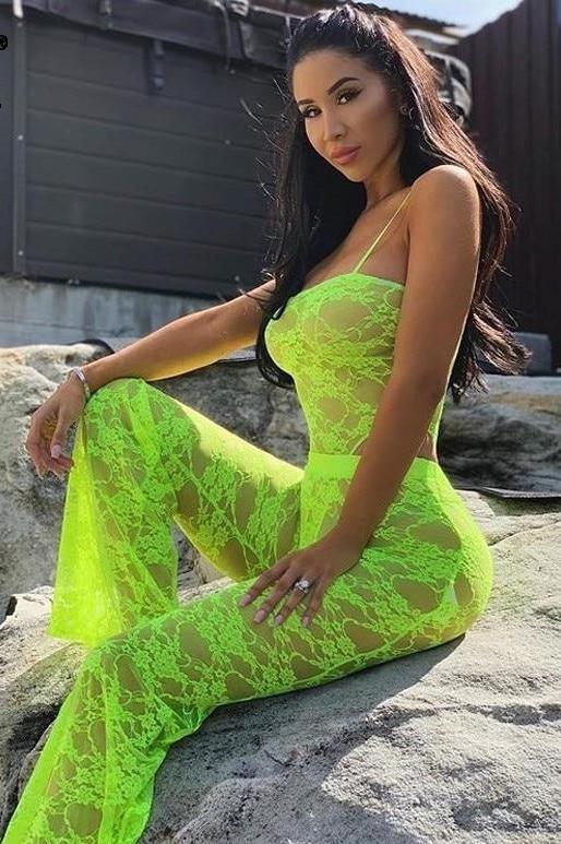 See Through Lace Bodysuit and Matching Flare Pants Sets