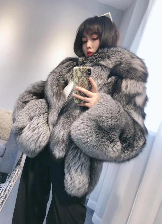 Grey Fox Fur With Thick Fox Fur Collar Oversized Coat