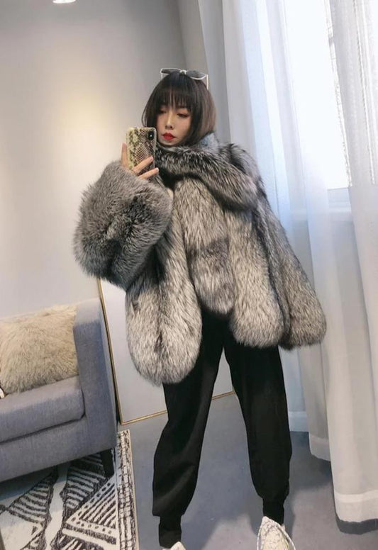 Grey Fox Fur With Thick Fox Fur Collar Oversized Coat