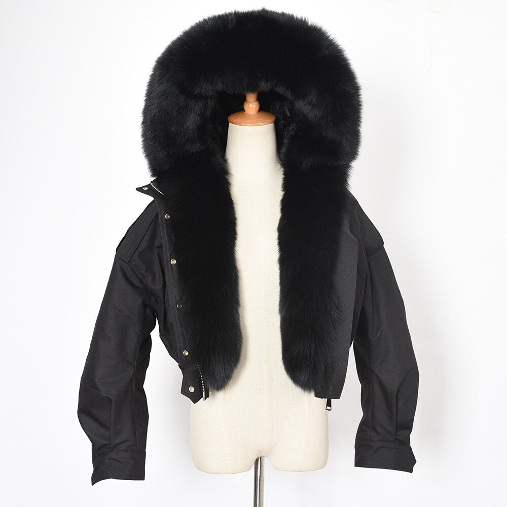 Real Fox Fur Collar Crop Bomber Jackets