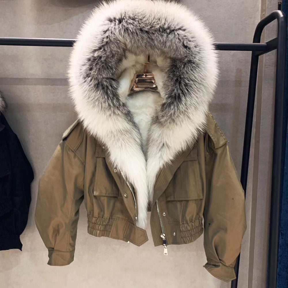 Real Fox Fur Collar Crop Bomber Jackets
