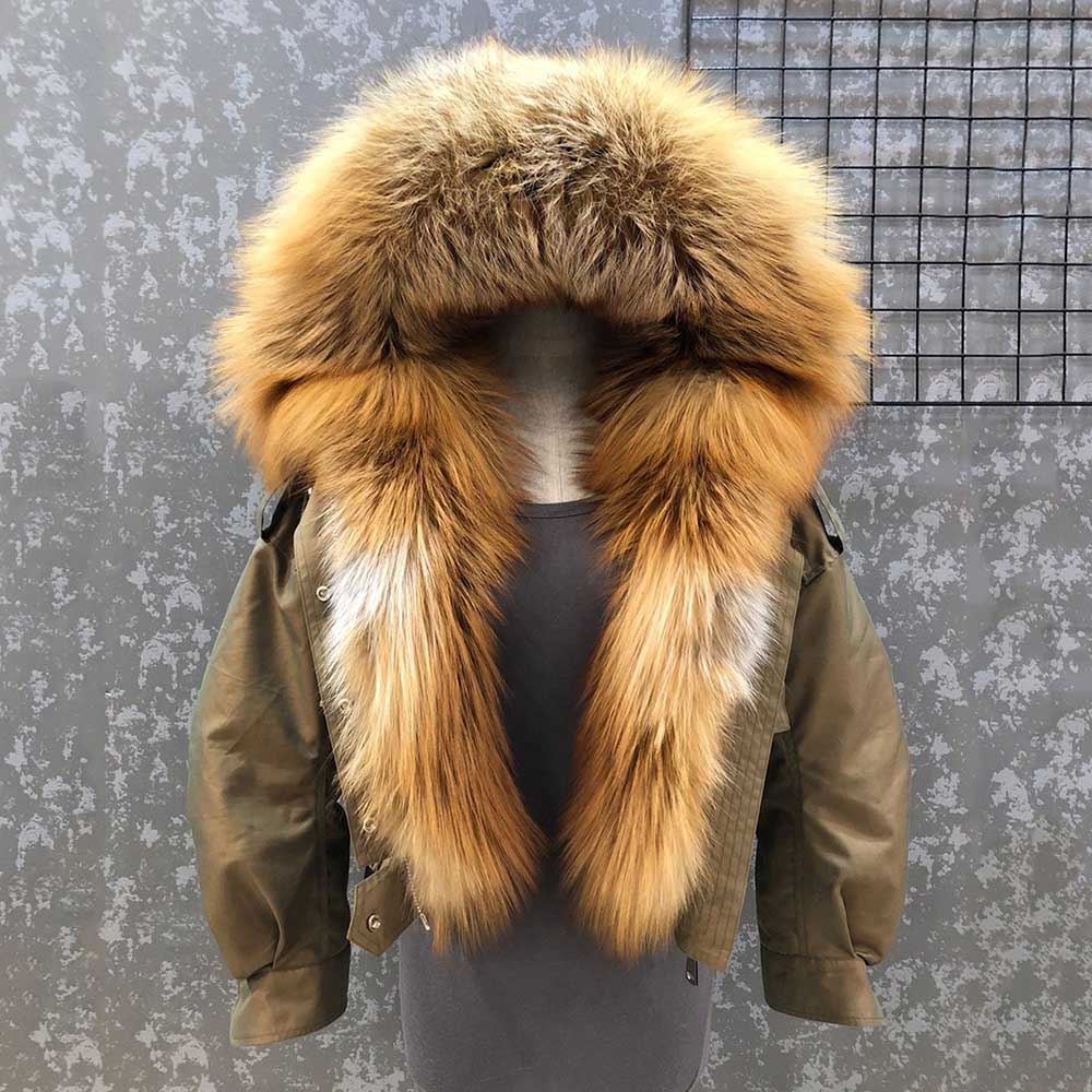 Real Fox Fur Collar Crop Bomber Jackets