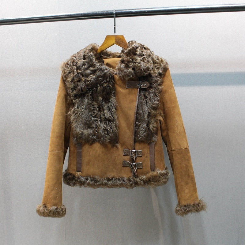 Genuine Sheepskin Leather Real Sheep Fur Front Coat