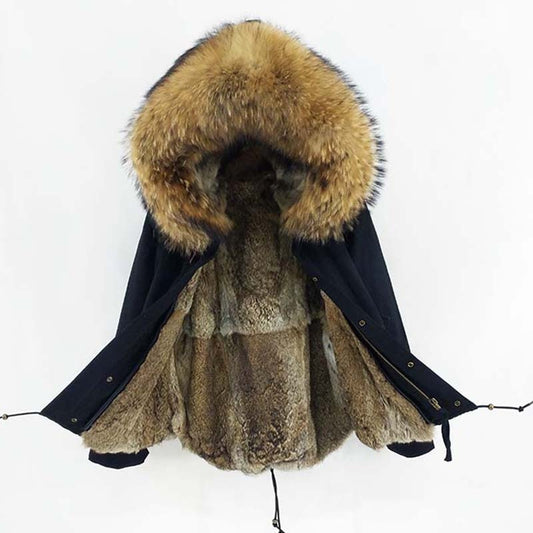 Real Fox Fur Parka Real Rabbit Fur Lining Short Coats