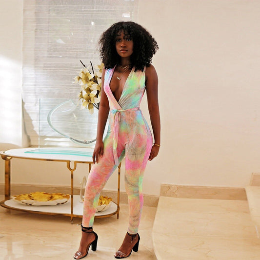 Powder Rainbow Tie Dye Deep V Jumpsuit