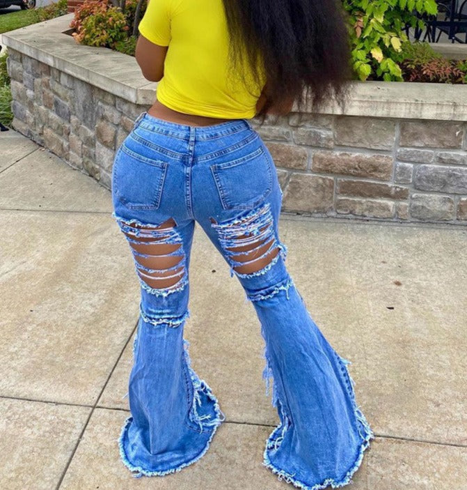 Multi Ripped Flare High Waist Jeans
