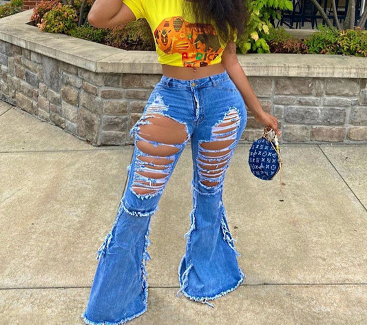 Multi Ripped Flare High Waist Jeans