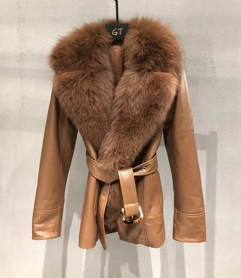 Genuine Leather Real Fox Fur Collar Reto Coats