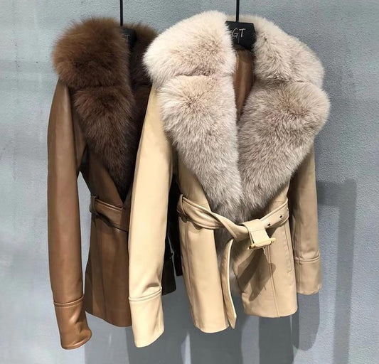 Genuine Leather Real Fox Fur Collar Reto Coats