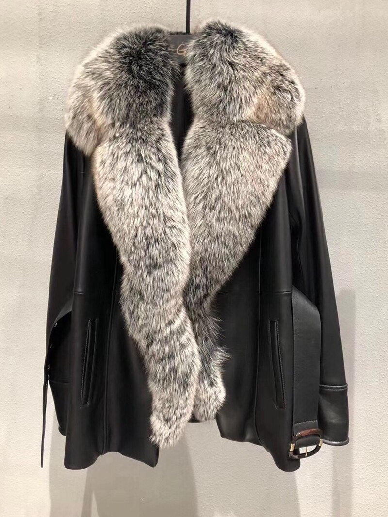 Genuine Leather Real Fox Fur Collar Reto Coats