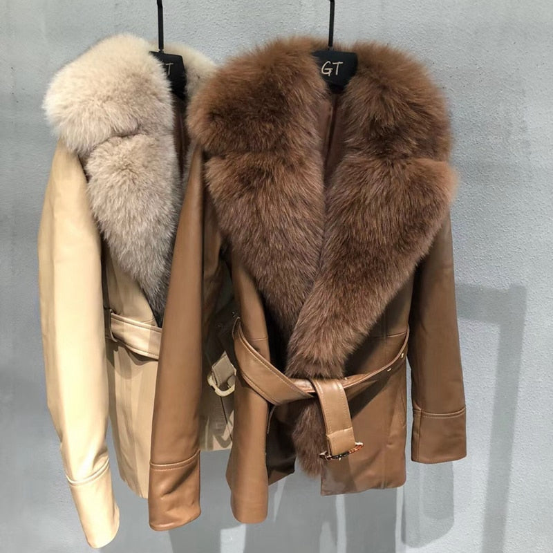 Genuine Leather Real Fox Fur Collar Reto Coats