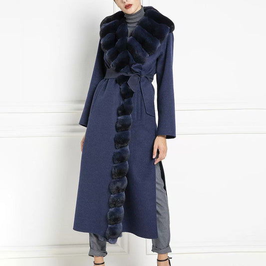 Black Rabbit Genuine Collar Long Overcoat