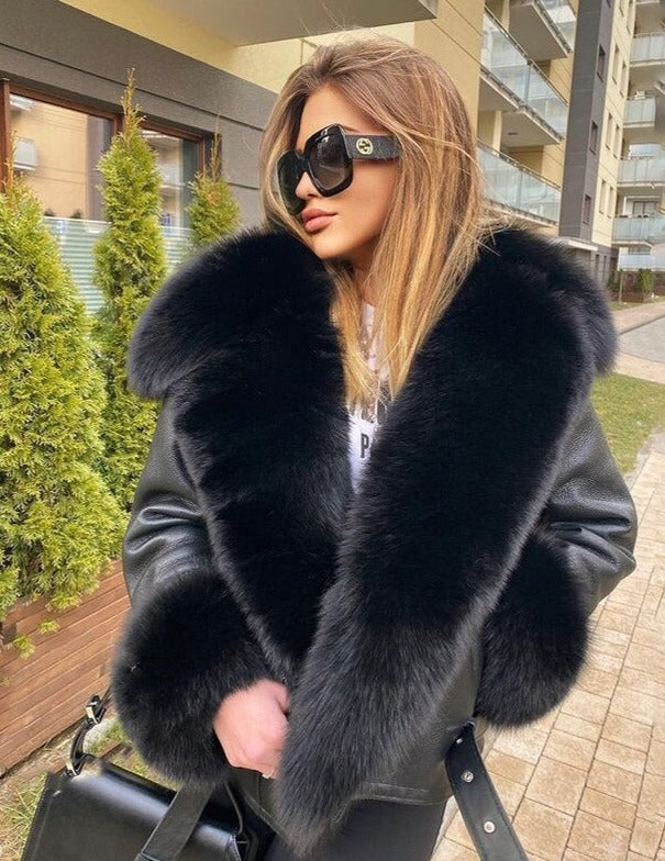 Genuine Sheep Leather Real Fox Fur Collar And Cuff Jackets