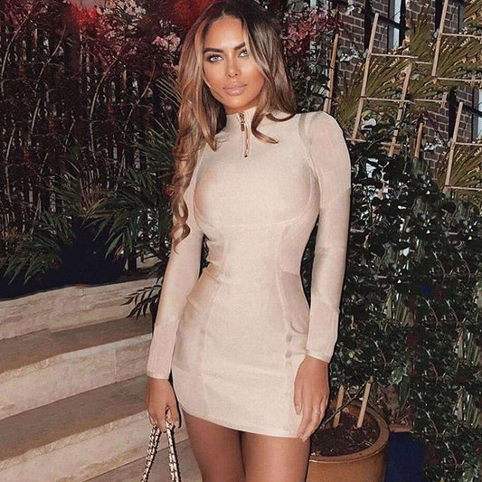 Nude Stand-Up Collar Long Sleeve Dress