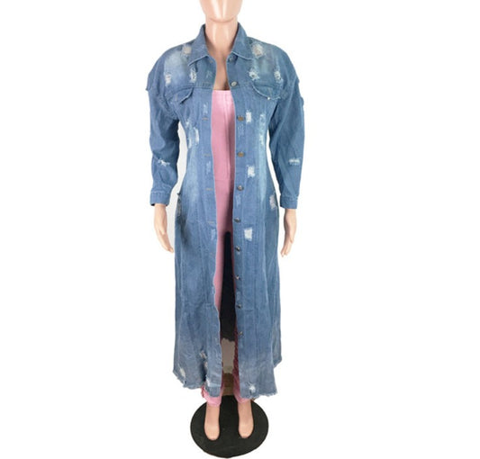 Retro Button Up Denim Ripped Long Jacket