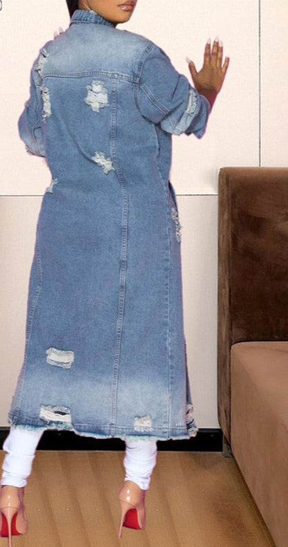 Retro Button Up Denim Ripped Long Jacket