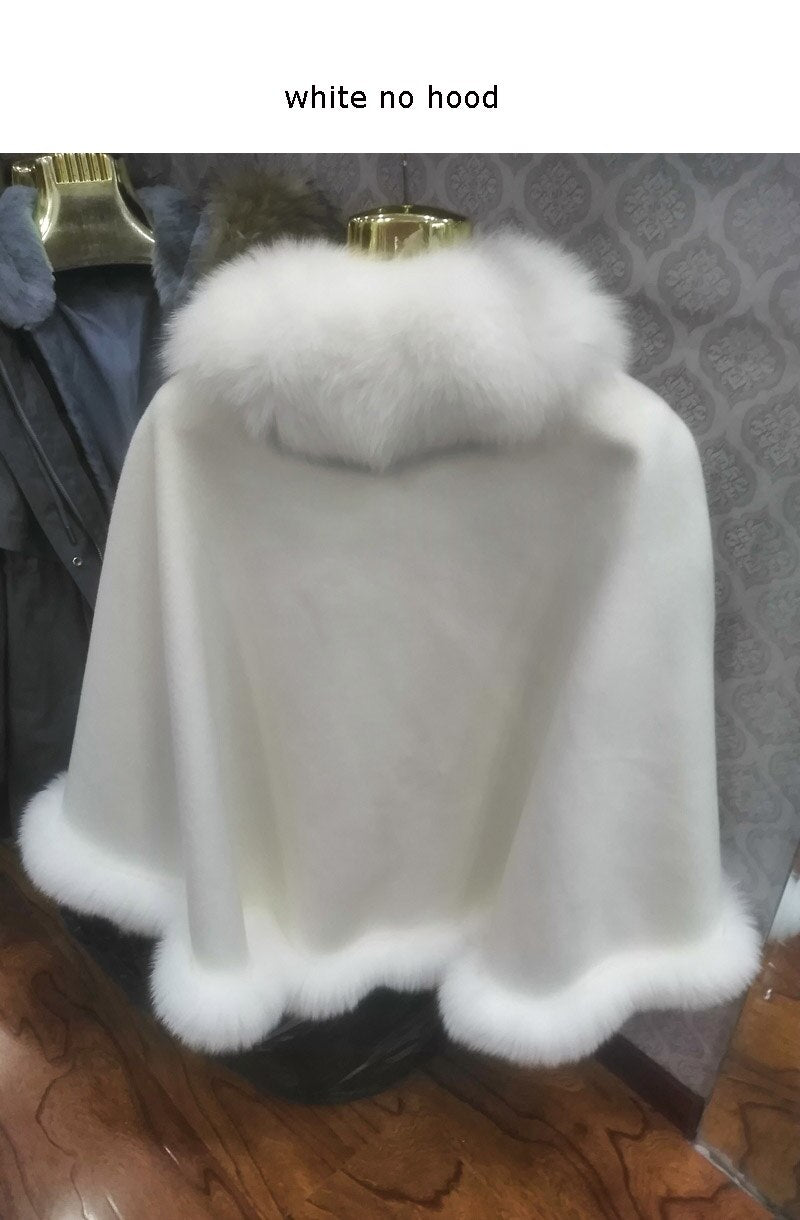 White Cashmere Cape with Hood and Fox Fur Trim