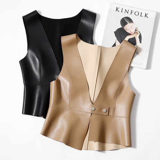 Genuine Leather Deep V Slim Vests