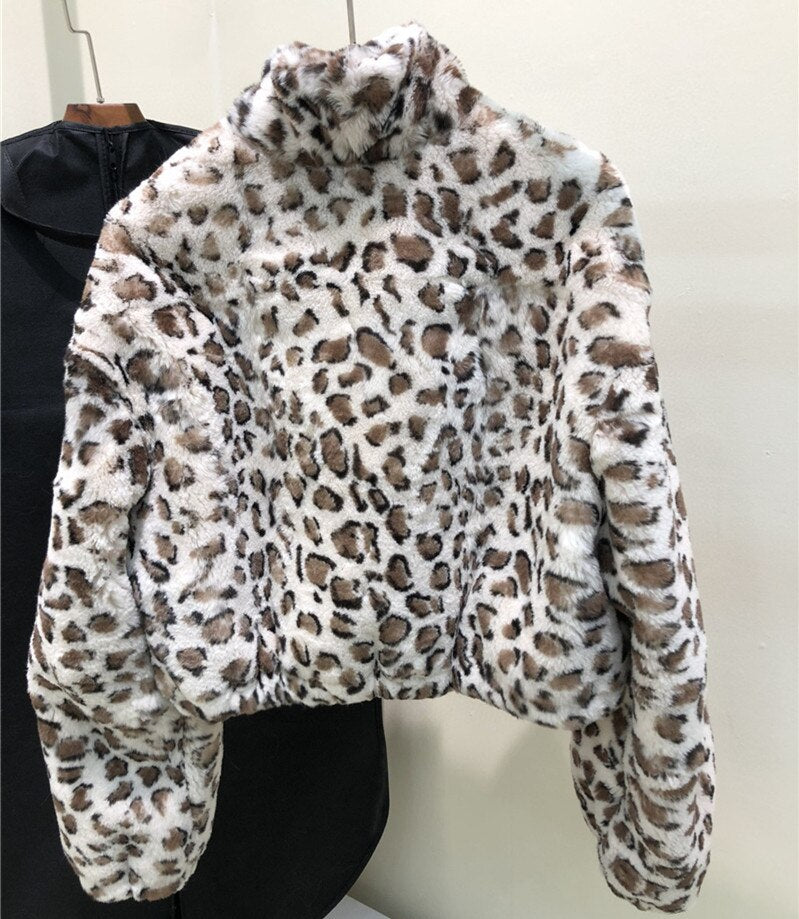 Leopard Pattern Real Rex Rabbit Fur Crop Coat