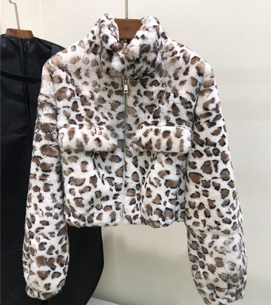 Leopard Pattern Real Rex Rabbit Fur Crop Coat