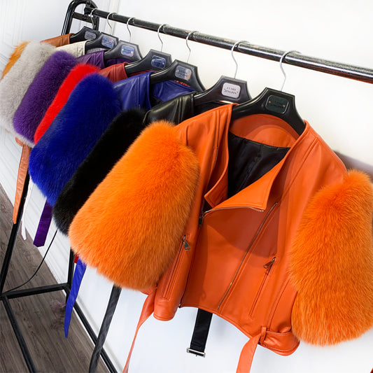 Genuine Leather Short Fur Sleeve Moto Crop Jackets