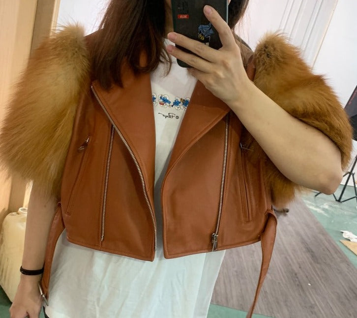 Genuine Leather Short Fur Sleeve Moto Crop Jackets