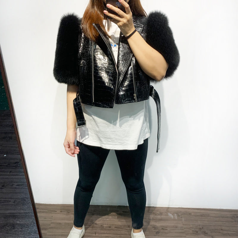 Genuine Leather Short Fur Sleeve Moto Crop Jackets