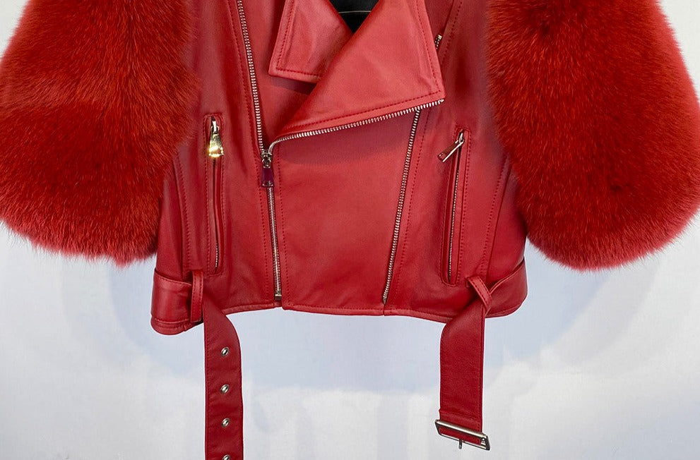 Genuine Leather Short Fur Sleeve Moto Crop Jackets