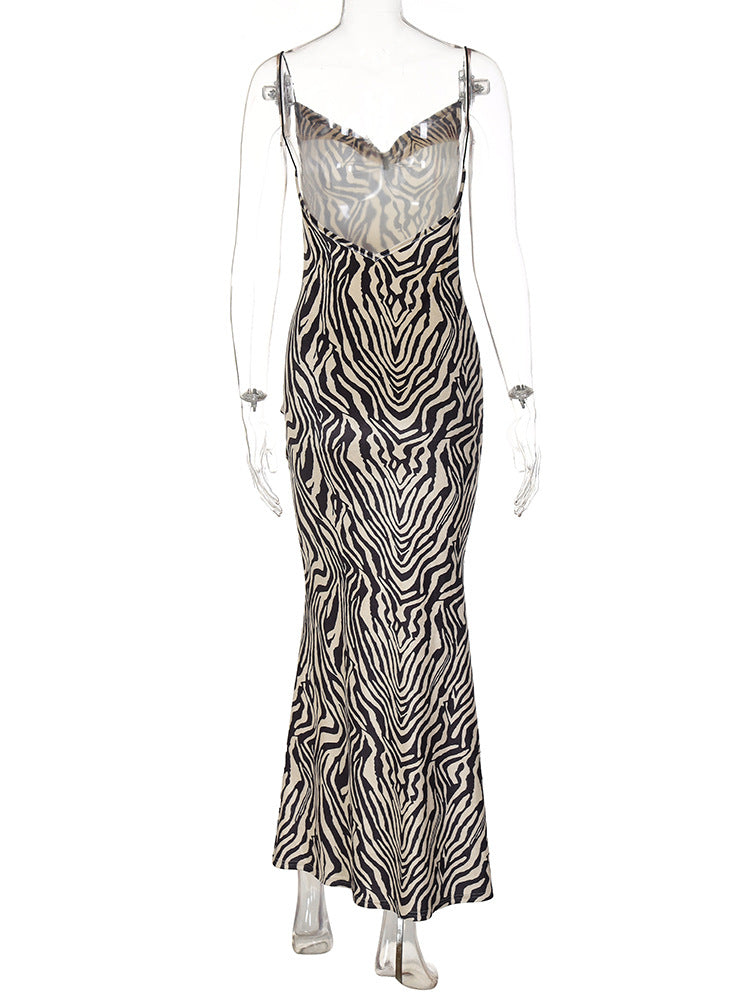 Zebra Print Backless Sleeveless Maxi Dresses