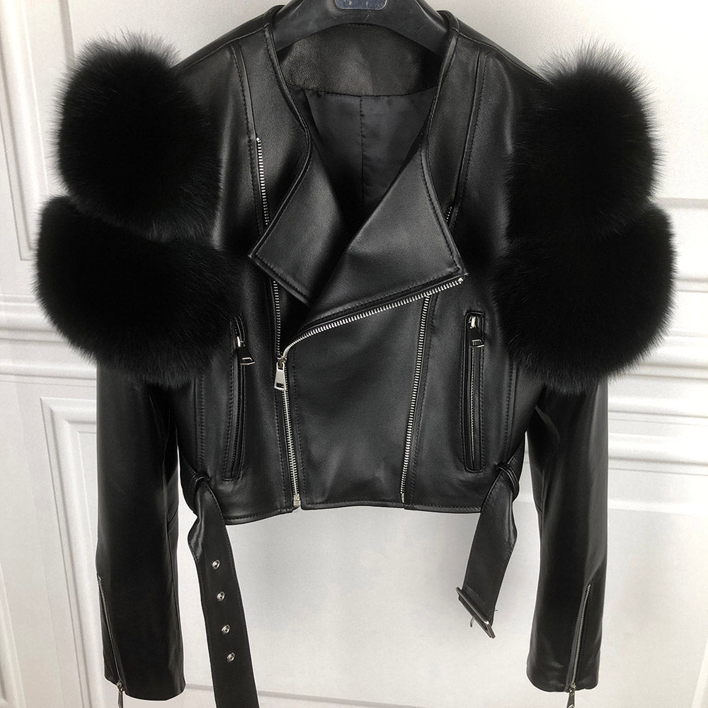 Genuine Leather & Fur Shoulders Moto Jackets