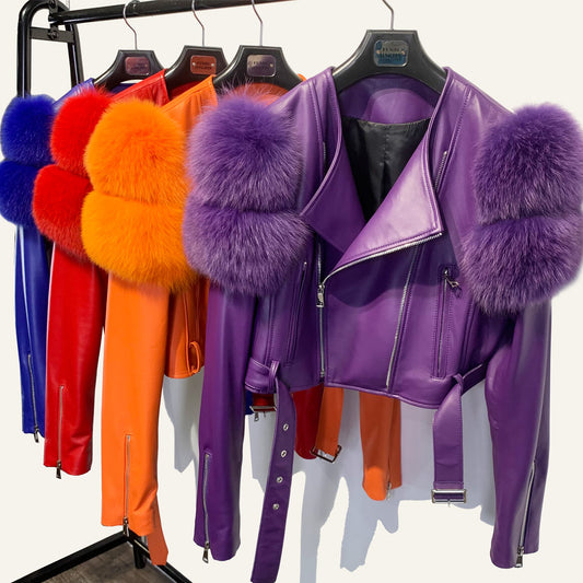 Genuine Leather Moto Jackets Fur Shoulders