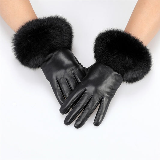 Genuine Leather Gloves Rabbit Fur Cuffs Women