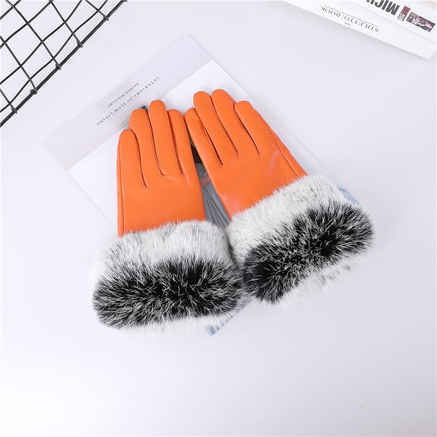 Genuine Leather Gloves Rabbit Fur Cuffs Women