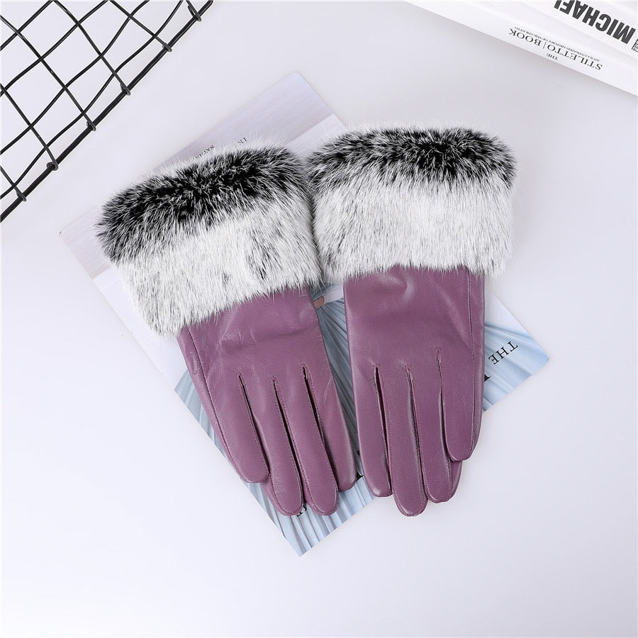 Genuine Leather Gloves Rabbit Fur Cuffs Women