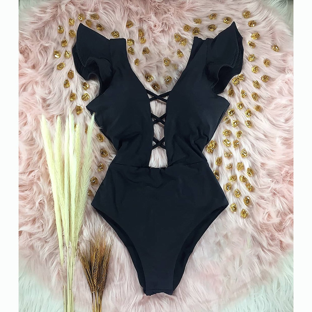 Deep V-neck Shoulder Ruffle Monokini's