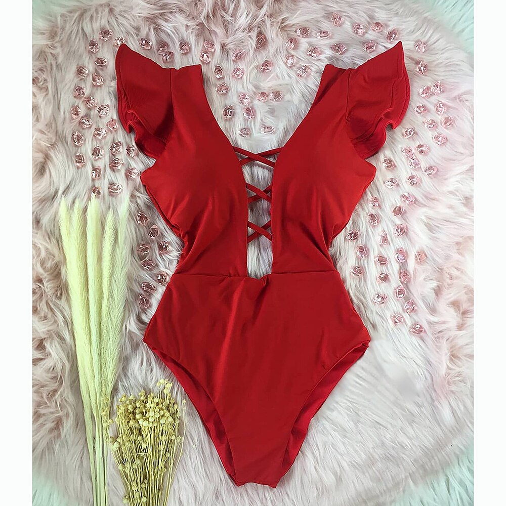 Deep V-neck Shoulder Ruffle Monokini's