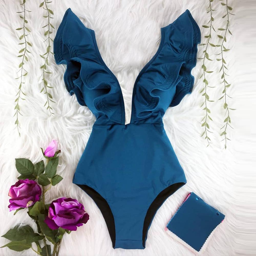 Deep V-neck Shoulder Ruffle Monokini's