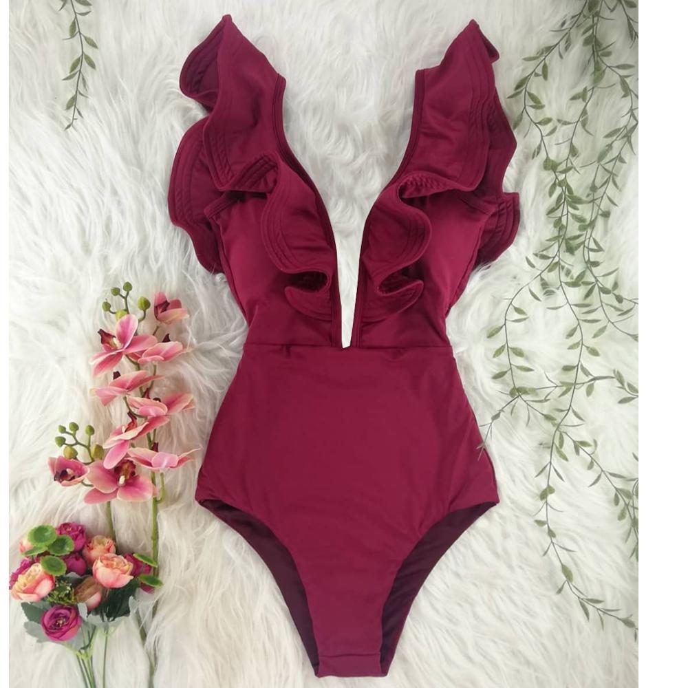 Deep V-neck Shoulder Ruffle Monokini's