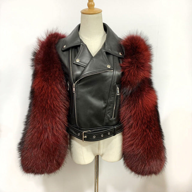 Genuine Leather Real Fox Fur Sleeves Moto Jackets