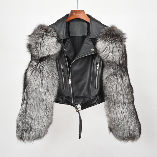 Genuine Leather Real Fox Fur Sleeves Moto Jackets
