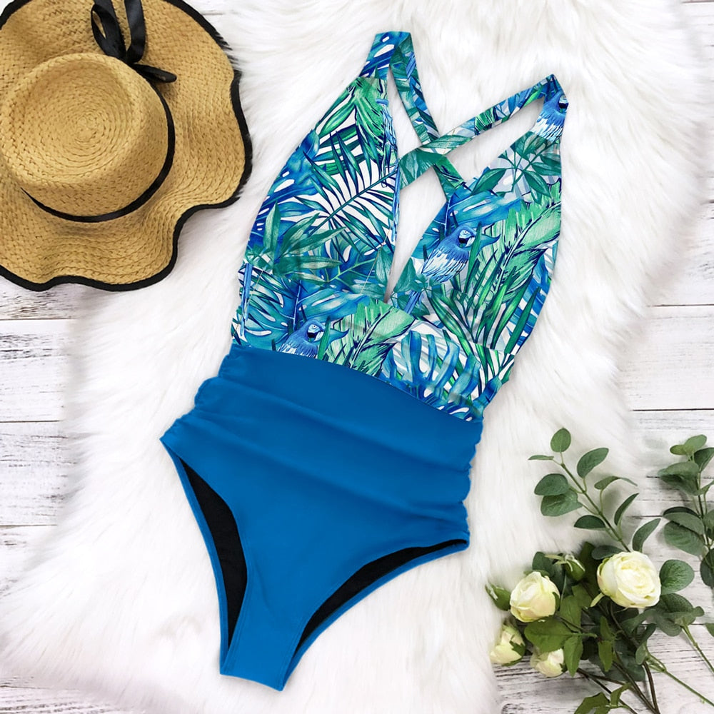 Deep V Halter Printed Monokini's