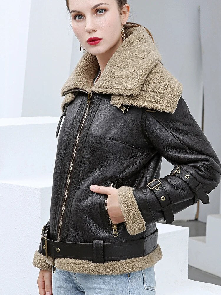 Genuine Leather Coat Wool Liner Removable Double Collar