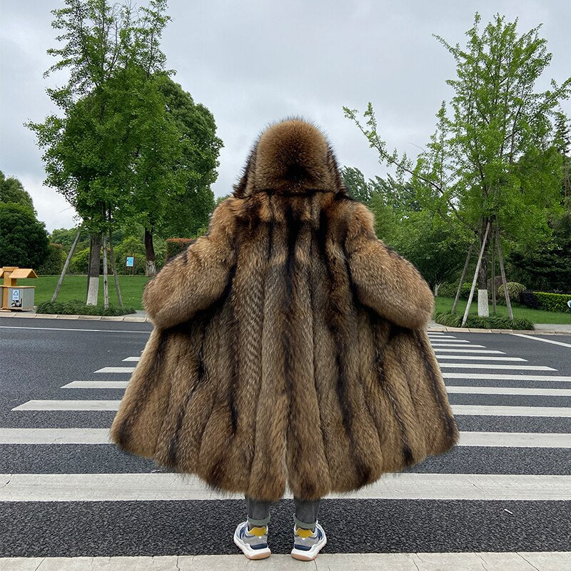 Natural Thick Hooded X-Long Fur Coat